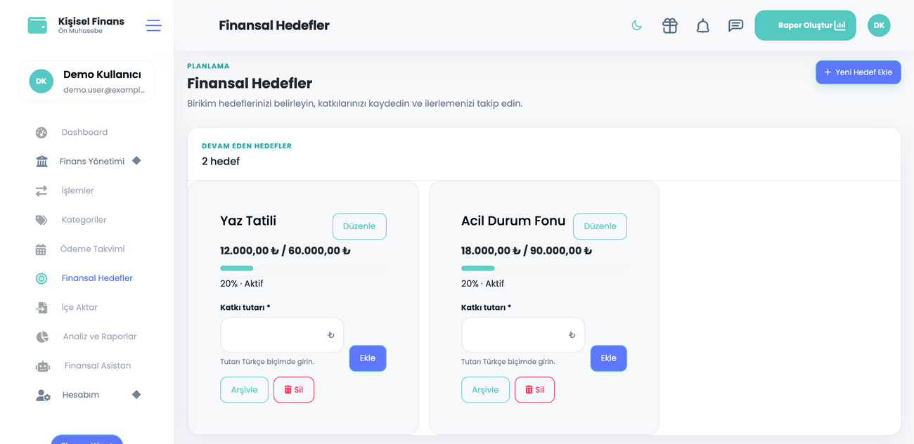 Kişisel Finans finansal hedefler ekranı